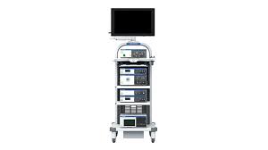 Endoscopy tower on a mobile cart with HD monitor and stacked control units